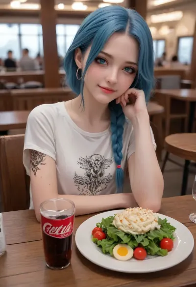 1 girl, russian young beautiful 18 years old girl, blue hair, two big braid, blue eyes, (Realism:1.5), (Small flat chest:1.4), (Freckles:1.3), (Dark makeup, eye shadow:1.4), (smile:1.3), Dressed in a oversize t-shirt and A pink hoop on the head s and jeans, In a cafe, sitting at a table, Cola with ice in a glass, Salad, smartphone on the table, (tattoo:1.3), Posing for the viewer