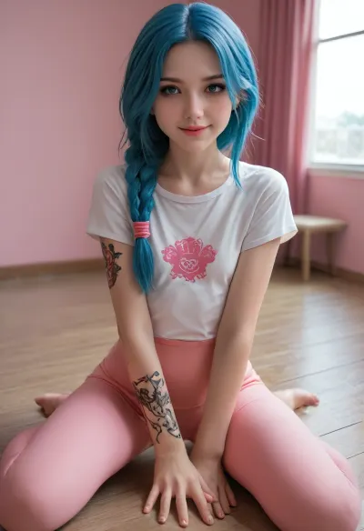 Braid brazen: ein niedliches Porträt eines blauhaarigen russischen Vixen in ihrem rosa Den