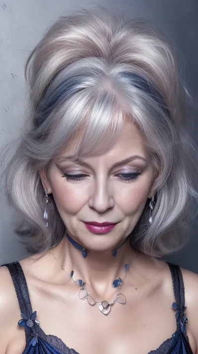 closup frontal view of face of mature sensual lady, 65 years of age, (((anatomically correct))), ((wrinkles)), long silver hair, shy, smiling, ((((full lips)))), dark pruisian blue lipstick, ((blushing cheeks)), (((closed eyes))), (((dark blue eyeshadow))), (((age wrinkles on chest))), ((blushing chest))