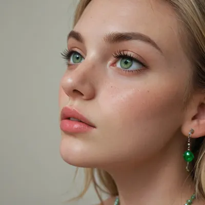 Midjourney, (from side), Macro photo, close up, beautiful face, petite blonde, petite, (looking up:1.3), horizontal, freckles, (detailed eye), (bright green eyes:1.5), detailed iris, detailed pupil, (detailed nose), detailed eyeliner, (detailed mouth), bare shoulders, kawaii, makeup, (((green jewelery))), <lora:braces-sdxl:.4>, <lora:KawaiiMakeupXLv2:1>