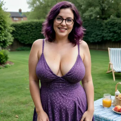 woman, short mature milf, chubby wife, purple wavy hair sexy proportions triangle face, wearing floral sundress, standing in a backyard, it’s a picnic, her huge tits are barely covered by the sundress, big smile, big ass with very wide hips, freckles, glasses, <lora:sagging-000015:.4>