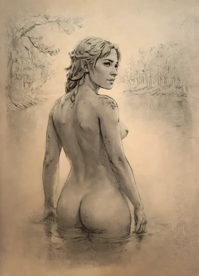 (vex from skyrim, naked, 30 year old, scandinavian, medium blonde hair, detailed face, small breasts), (bathing pose in a big lake, watery body, autumn trees around, hands on breasts), rear/back view, pencil sketch, lineart, black and white, monochrome, drawing, <lora:Concept Art v1:1.5>