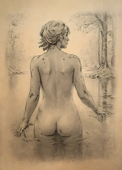 (vex from skyrim, naked, 30 year old, scandinavian, medium blonde hair, detailed face, small breasts), (bathing pose in a big lake, watery body, autumn trees around, hands on breasts), rear/back view, pencil sketch, lineart, black and white, monochrome, drawing, <lora:Concept Art v1:1.5>