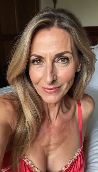 old mature, 60 years old, dark blonde, skinny, very tall, very super extreme long face, long huge nose, very pointed nose, narrow long face, big long chin, huge rounded chin, very long chin, extreme narrow face, very huge pointed nose, huge long face, sexy big mouth, naught horny smile face, looking at the camera, sexy nightie, selfie, black eyes, hand on hair charming, biggest nose ever, long pointed nose, extreme long huge nose