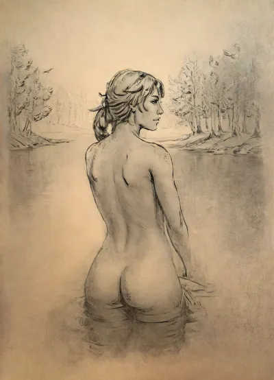 (vex from skyrim, naked, 30 year old, scandinavian, medium blonde hair, detailed face, small breasts, slim body), (bathing pose in a big lake, hands around head, watery body, breasts not visible, autumn trees around), (rear view, back view, view from behind, looking away face not visible), pencil sketch, lineart, black and white, monochrome, drawing, high contrast, <lora:Concept Art v1:1.5>