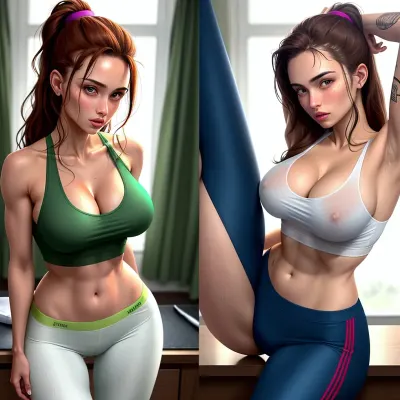 woman, insanely detailed photo of a beautiful 20-year-old Italian yoga instructor with teardrop breasts doing yoga at the gym, leaning forward, full body, green eyes, hard see-through erected nipples, army style ID tag, tattoo on shoulder, sweat drops, (detailed face, detailed skin texture:1), (detailed hair, lush brown hair), athletic figure, seductive smile, wet look, cleavage, round ass, wet bulging vagina, (wearing colorful tank top and baggy pants with slim thong panties peeking underneath), (pnts from front:1.1), ambient occlusion lighting, 8k photography, highest quality, masterpiece, HDR
