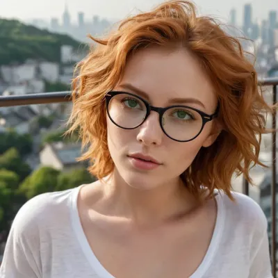 Stunning 30 year old model, short tousled ginger hair, messy tousled hair, big intense green eyes, friendly pure sympathetic perfect face, glasses, big perfect breasts with piercing, transparent white cotton t-shirt, totally transparent, leaning on the balcony, perfect sexy round buttocks, raw style, warm light, ray of sunshine, Seoul background, masterpiece, very detailed, ultra realistic, side profile view