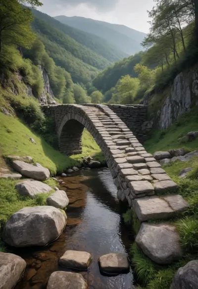 an old stone bridge up on a beautiful landscape on a lost moutain forest