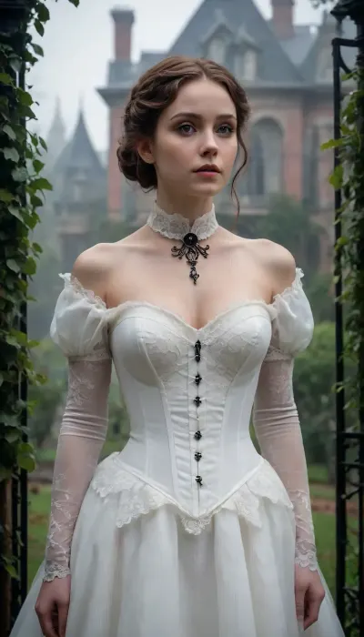 A Victorian-inspired scene featuring a young woman standing in the misty garden of a haunted mansion. The woman is dressed in a dramatic, elegant white corset gown adorned with delicate lace details along the sleeves and neckline, evoking a gothic yet refined aesthetic. Her porcelain skin glows softly in the ambient light, contrasting against her dark attire. Her high-piled, intricately styled hair features voluminous curls and loose strands framing her face, lending an air of grace and mystery. She wears a choker with a black pendant, adding a subtle touch of sophistication to her ensemble. Her expression is one of gentle curiosity and subtle unease, her large, expressive eyes drawing the viewer into the eerie atmosphere.
The background reveals the imposing haunted mansion, its towering architecture characterized by steep gables, intricate woodwork, and ivy crawling along its weathered walls. The mist rolls across the garden, partially shrouding the wrought-iron fence that encircles the property. The faint silhouettes of twisted, barren trees loom in the distance, their skeletal branches reaching towards a pale, overcast sky.
The scene is bathed in a moody, diffused light, with warm hints of sunlight breaking through the mist to highlight the mansion's aged stonework and the soft petals of blooming roses scattered throughout the garden. The ethereal fog, combined with the timeless beauty of the setting, immerses the viewer in a gothic tale filled with mystery and elegance.