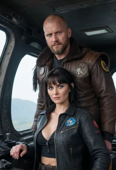 two persons 40 years old dark badass couple, the man is a bald blue eyes viking with beard, (wearing a dirty jacket), and the girl is a dark black eyes mercenary, (black fringe bowlcut shaved sides head), they have guns and scars on face, they wear skull symbol embroidered on their overalls, in the cockpit of their rusty spaceship, we can see space through the large cockpit window, Belcarra, shogun, Xena, warrior, princess, <lora:468709_training_data:.5>, <lora:Viking_Helmets:.5>, <lora:shogun style:.5>, <lora:Xena Warrior Princess:.5>