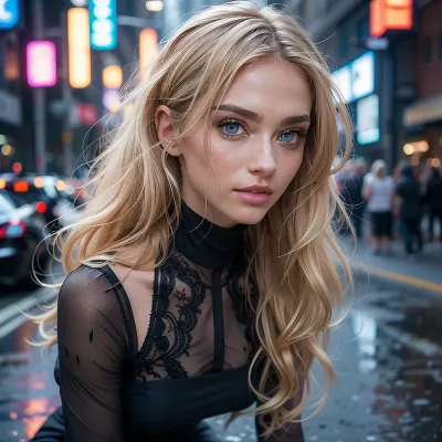 (girl, 18 years old beautiful, stunning unique female character, smiling), (vibrant blue and blonde hair, loose hair), (clear focus), (ultra realistic, realistic, photorealistic, photo realistic, photorealism, photo realism), (maximum quality, ultra-detailed, insanely detailed, highly detailed, high quality, uncompressed, raw source photograph), (highly detailed eyes, high resolution eyes, high quality eyes, highly detailed skin, detailed skin texture, highly detailed hair), (same color eyes, symmetric eyes, matching eyes, detailed eyes, detailed iris, detailed pupils, limbal ring around iris, perfectly round iris, perfectly round pupils), (striking eyes, captivating eyes, mesmerizing eyes, glittering eyes, big eyes), innocent cute skinny girl, wet black seethru dress, skinny body, 8k, photorealistic, side view, at night, emo, she is kneeling in the street, rain, style, <lora:rain_style:.5>, full body in the frame