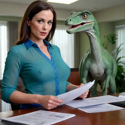 beautiful sexy slender 40 year old brunette woman accountant wearing a blue blouse, pointy nipples, presenting finance documents to a huge green velociraptor, braless, Wearing, clothes, that, make, sense, with, Braless>, <lora:bralessSDXL_v1_00022:.9>, <lora:milkers_v2:.5>