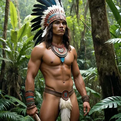 20 year old aztec warrior, fit lean body, standing in the jungle, mostly nude, body paint, feather head dress, long hair, very large penis uncut hanging down from loin cloth, flaccid big perfect round meatus, ((realistic penis))