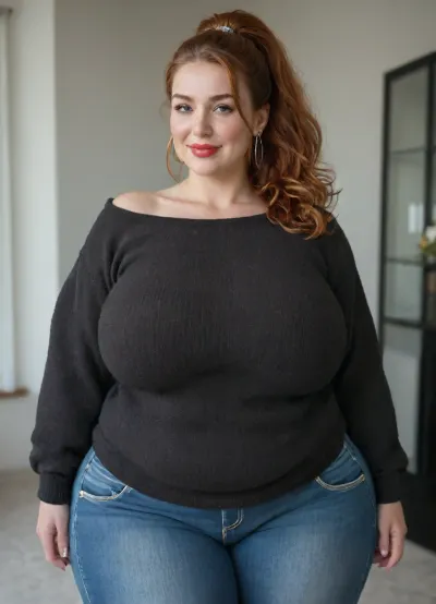 Mature, 45 years old, (oversized ssbbw:1.5), ., (Oversized thick thighs and oversized wide hips:1.5), . Oversized wide sweater. Natural ginger hair, thick ponytail. Freckles on face. Long eyelash. Busty lips, lipstick. Tight jeans. Big earrings. Seductive posing. Seductive smile.