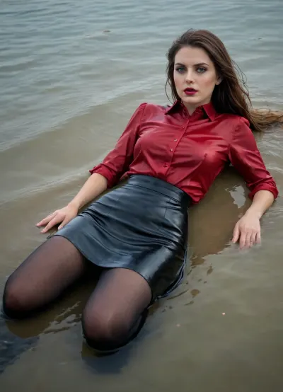 Wearing a wet long black skirt, wet dark red satin blouse, ((black pantyhose)), ((high boots)), lying in water in the sea, ((clothes are completely wet))