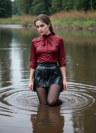 Wearing a wet long black skirt, wet dark red satin blouse, ((black pantyhose)), ((high boots)), lying in water in the lake, ((clothes are completely wet))
