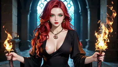 beautiful Witch Queen in a luxury sexy black dress, with a very deep neckline, big plump breasts, left tit nude, bare one breast, very long wavy flowing red hair, bright burning green eyes, black diadem with rubies, lies on his back in the center of the great pentagram for dark ritual, legs wide apart, the dark priest preparing to sacrifice her, red soutane, in the hands of the satan priest is a knife heated to a glow, on the witch's face is an expression of wild lust and happiness, longing to be sacrificed to Satan, side view