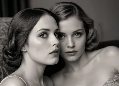 1920s intimate erotic pornographic photos, black and white photo, ultra-realistic, perfect face, perfect eyes, 2 woman, sex on couch