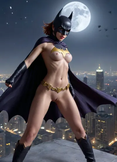 a completely naked Batgirl, (wearing only a mask and a cape), stands in a fighting stance, ready for a fight, on the roof of a skyscraper, against the backdrop of a night metropolis, in the light of a bright moon, Dark, Fantasy, page, zdyna_pose, fight, stance, drunken, fist, high, kick, split, <lora:Dark Fantasy:.7>, <lora:!action-sdxl-V0.5:.5>, <lora:nudity_v02_i1300:.5>, <lora:drunken-fist03:.9>