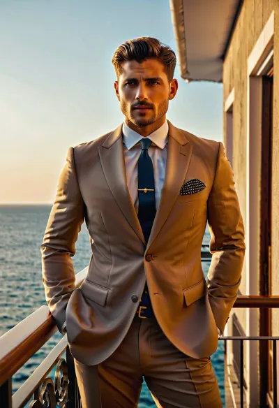 Nautical-themed, (Photo:1.3), of, (Ultrarealistic:1.3), a man in a tan suit standing on a balcony, handsome man, attractive man, handsome male, sun behind him, inspired by Pablo Munoz Gomez, shot at golden hour, editorial photograph, midshot of a hunky, by Roman Bezpalkiv, by Artur Tarnowski, maxim sukharev, by Gabor Szikszai, Highly Detailed, (Mono Color:1.3), . Sea, ocean, ships, maritime, beach, marine life, highly detailed