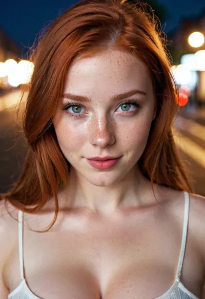Ultra Realistic photography, portrait, at a city, low lighting, at night, 18 years old woman, young face, well-built body, head slightly turned right, round eyes, big sized boobs, tight boobs, wearing a tight top, round face form, innocent view, evil smile, droopy eyes, glossy eyes, eyeliner, pale skin, skin freckles, perfect makeup, red cheeks, long straight red hair, snub nose, symmetrical eyes, sharp focus, blurry background, highly detailed face, highly detailed lips, highly detailed teeth, highly detailed eyes, highly detailed iris, skin pores, skin texture, ultra high quality, vivid colors, film grain, high contrast