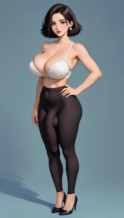 Futanari, massive milky breasts, massive cock, very thin body, leggings, cock under leggings, leggings bulge, cock bulge, erection, long black hair, black high heels, whole body, <lora:Animated_Concept:1.2>