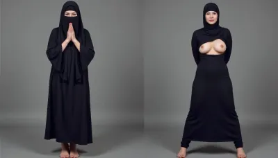 (side-by-side two pictures of a petite woman, standing, in front of viewer), (On the first picture on the left, burka, praying with folded hands, on knees, closed legs, closed eyes, head down), (On the second picture on the right, burka, breasts sticking out through a small opening in the front, hands behind her back, spread legs)