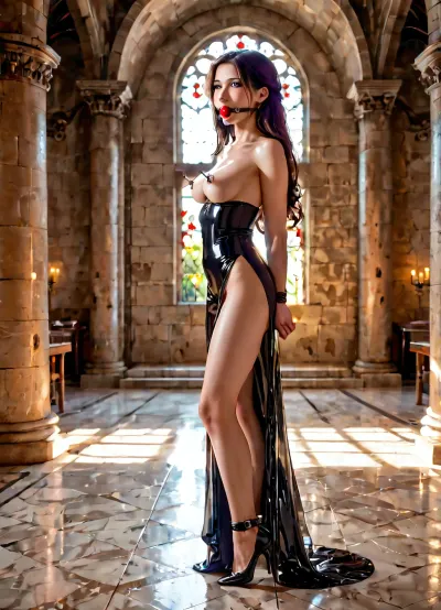 18 years old cute cheeky mixed race Tied up girl with very Long Hair and perfect Body Standing in a DARK old castle, She is wearing a transparent latex dress with 2 high slit at the front and back, No underwear, gagged and pluged, Show nipples with nipple clamps, cuffed ON ankles and wrists, full body from side, ballgag, Spotlight ON her body