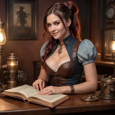 26 years old magic girl, dark redbrown hair, short high ponytails, shy smile, smooth pussy, wet pussy, denim miniskirt, reading a book at table, closeup, (steampunk style:1.4), (nipples visible), title of the book is "TAO is alles", (dimly lit:1.5), warm lighting, (light like in old painting:1.5), detailed skin texture, skin pores, detailed face, detailed nipples, sharp focus, photorealistic, hyperrealistic, high resolution, very detailed, 8k, RAW photo, highest quality, masterpiece