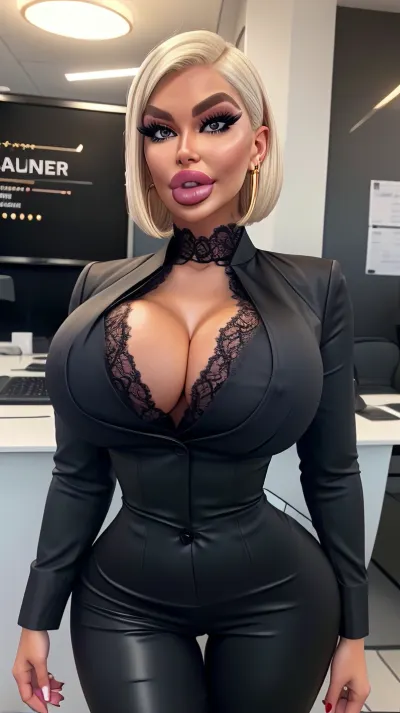 one blonde woman with violet lipstick on mouth in office clothes and with bobcut straight slicked hair, (She has an asymmetrical bob haircut), (thick duck lips:1.2), (Botox filled lips:.8), puckered violet lips, 1girl, (standind in office1.2), working, perfect shirt, beautyful woman 30 years, russian woman, caucasian, european, black office clothes, businesslady, stunningly beautiful woman, (medium_boltedontits:1.2), (lace bra), dressed big chest, office lady, sfw, (black business suit:1.2), (black skinny pants:1.3), cleavage, decolette, dynamic pose, full body, Thick eyebrows, makeup, Sharp nose, Big eyes, Busty lips, Makeup, Long eyelashes, white woman, white slicked bobcut hair, blonde straight bobcut hair, white skin, supermodel, violet lips, gold round earring, office, office high waist black pant and office white shirt, see the full body, shirt in pants, secretary shirt, secretary high waist pants, fakelips, huge, lips, lip, filler, Insta, th3p1t, <lora:fakelips:.7>, <lora:b262dbfdbd5b66cf3059e39b5791023c:.3>, <lora:th3p1t_v3:.3>, <lora:A3D_Beta:.5>