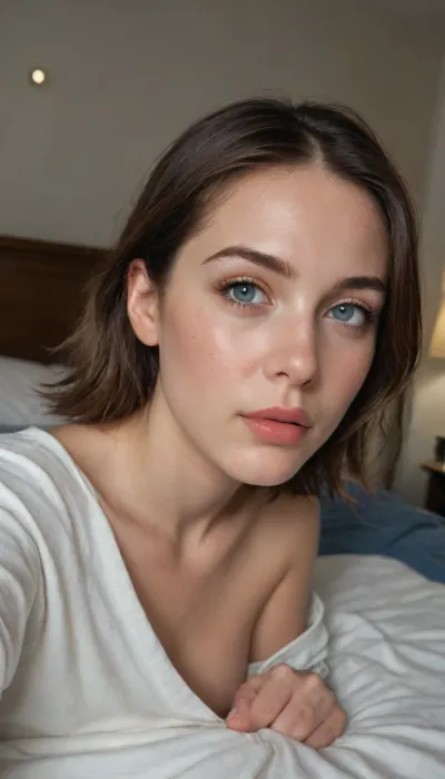 Amateur selfie naked, lying on the bed, not skinny, long brown hair, 2/3 of the body, dim light, night, single bed, dark blue bed, white wallpaper, old Soviet apartment, bad lighting, jpeg artifacts