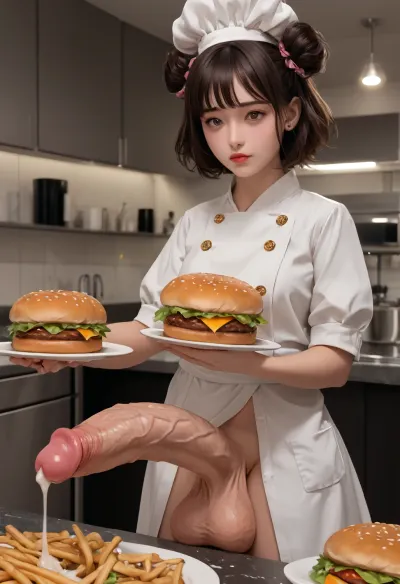 futanari cums in the burger right between the buns, sperm in food, futanari Chef, excessive, cum, vomcum, futanari, penis, veiny, testicles, cum food, <lora:style61-a31-000015:.9>