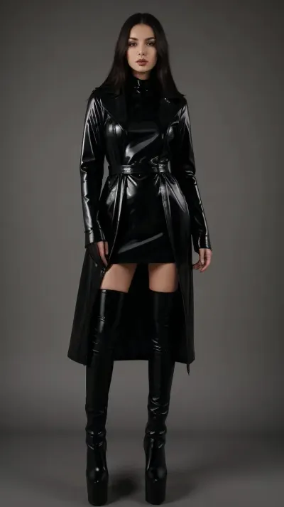 Belgian brunette, (long black latex coat:1.1), high heel platform boots