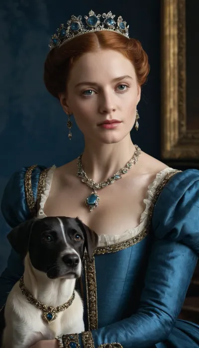 Queen of Scots, 30, 16th century, full dress, labradorite, jewelry, made in the style of 16th century artists, Labrador dog in the frame, masterpiece, petting a dog