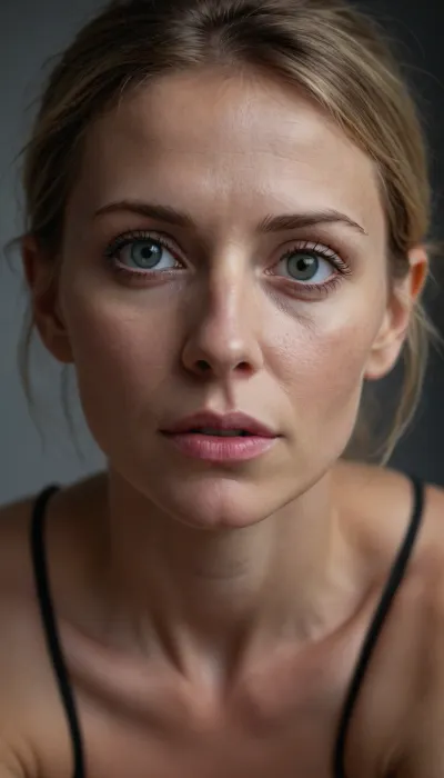 (fine art naked photography woman with sexy strappy ankle flat sandals), (woman facing directly into the camera:.5), woman with pretty feet in sexy flat sandals, (48 years old naked scandinavian woman with the sinewy body of an extreme freeclimber), very pixie darkblonde hair, high cheek bones, big eyes, eyes far appart, narrow lips, no makeup, long narrow neck, very tall, (135mm, f/2.8, DoF, bokeh, focus on face, ultra-detailed skin, perfect bright eyes, skin pores, muscle tone and definition, prominent limbal ring, high-contrast eyes, finely detailed features:.7)