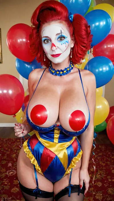 1 girl solo, Hot milf, Circus clown woman, red lipstick, juggalo makup, big boobs, big thighs, bimbo, colorful balloons, birthday party, <lora:Nipples XL:.5>, <lora:sagging breasts XL:.5>