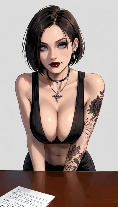 (Jill from Resident Evil), goth, tattoos, (leaning over table), front view, (big tits:1.3), (cleavage teacher outfit), (toon), white background, samdoesart, <lora:samdoesart_style_xl_v1:.6>