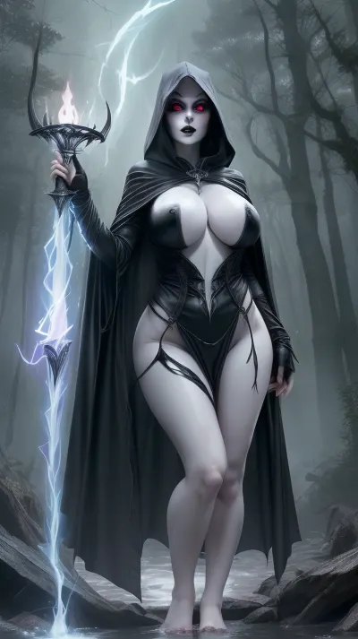 sorceress, ((huge tits)), (nude), white skin, pale skin, wet skin, black magic tatoo symbols on body, big breasts, (busty), pussy, legs, goth, black cloak, black hood, glowing white eyes, magic, dark forest, nighttime, clouds