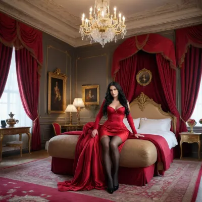 (((castle room, aristocratic bedroom, extravagant bed, box bed))), (red and gold theme), long black hair, huge ass, stockings, pantyhose, tight clothes, fit girl, muscle, high definition, small waist, ((cocktail dress))