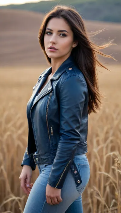 Portrait, Belén Rodríguez, adult, cute, seductive, innocent, (light smile:.3), plump lips, slender body, long, straight hair, wearing leather jacket, picturesque, sharp, colorful, ultra blue and yellow, dim colors, wheat field background, depth of field, dynamic angle, fashion photography, (hyperdetailed:1.15)