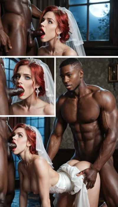 White bride interracial, interracial doggystyle, doggystyle, standing, boobs shown, hard nipples, detailed blue eyes, red hair, big naked tall muscular black man, lustful face, big eyes, screaming, red lipstick, night, window, ultrarealistic, realistic, no light in room, dark room, moonlight rays, low contrast, low saturation, fantasy, less reflections, back light, wedding dress with veil, skirt lifted, wall sex, facial cimshot, oral, collage