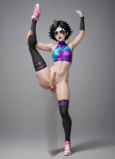 shemale, futanari femboy, little cock, big balls, bodibuilder, little ass, little butt, very muscule, very athletic, sneakers, heavy makeup, exhasted face, fleshing tits, ripped closes, gymnast outfit, thigh socks, black hair, spiky hairstyle, jumping