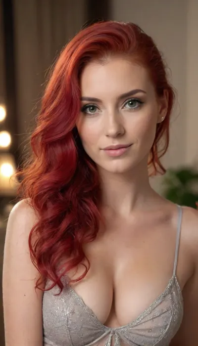 A 35-year-old Russian woman with vibrant, curly, (voluminous red hair:1.8), (horny:1.8), exuding elegance and confidence. She is wearing refined and glamorous lingerie, posed naturally and casually with a hint of playful, flirty charm. Her face shows subtle dark circles under her eyes, a testament to her tireless dedication and long hours of effort day and night. The setting is casual, such as a cozy kitchen, a stylish bedroom, a modern living room, or an outdoor space like a garden or balcony. The lighting is soft and natural, creating an inviting and artistic atmosphere.