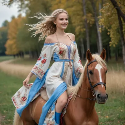 russian 18yo girl in park garden, ((wearing Russian national kaftan, kokoshnik, white, beige, blue, red, light blue)), ((skinny body, small breasts, pussy, long thin legs, narrow waist, braided blonde hair, thin face)), ((riding bay horse at high speed, windy hair, topless, joyful, smiling)), ((full body)), partially nude, bottomless, no panties, masterpiece, professional photo, high quality, high quality photo, style of V. Vasnetsov, russian village, ancient russia, khokhloma, gzhel, highres, extremely detailed, 8k photo, best quality, realistic, erotic, photorealistic, photo, photography, detailed, in focus, UHD 8k focus