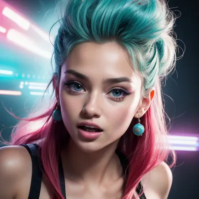 Hyperrealism, natural petite cutie, 18 years old beautiful, stunning unique female character. She has large turquoise eyes filled with joy and excitement, extravagant eyelashes, making this image a masterpiece of photography and digital art. Style, realistic hyper-detailed rendering, 32k UHD, expressive eyes, punk, graphic design, girl's face, pretty and cute, gleaming lips, white skin, fangs, open, mouth, uvula, throat, <lora:weight_slider_v2:-1>, <lora:more_details:.5>, <lora:age_slider_v20:.1>, <lora:fangs:.5>, <lora:Bigmouthv2:.5>