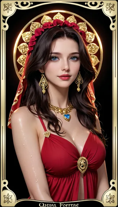 Beautiful sexy Gypsy Woman, ((queen of hearts Fortune telling with tarot cards:1.1)), (hearts tarot cards), 20 years old, black hair, gigant breast, tall beautiful legs, perfect figure, brown beautiful eyes, naughty, gypsy style, wet transparent gypsy style wear with one flash boob, rich gypsy decored elements on wear, warm dreamy lighting, evening horses at night background, highly detailed, johan grenier, character design, ornate motifs, elegant organic framing, hyperrealism, posterized, masterpiece collection