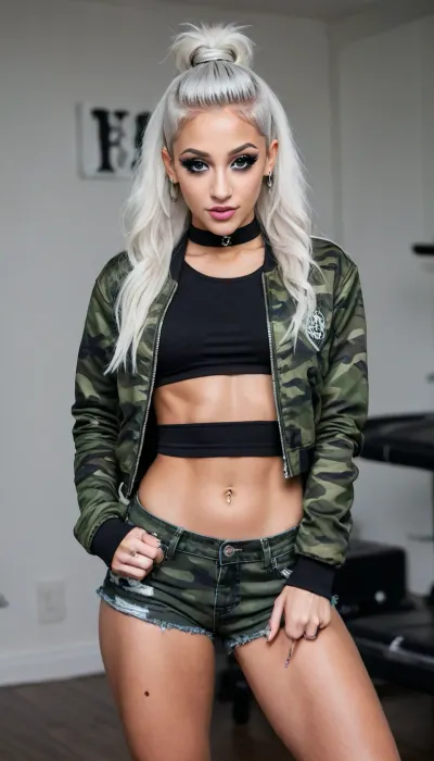 Young 18 year old, 18yo, smiling goth Arianna grande, Long eyelashes, black eyeshadow, showing middle_finger, strict White Hair, ripped Abs, cropped Satin Camouflage Bomberjacket, (((double middle finger))), Big lips, uberfit, muscular, athletic, <lora:doublemiddlefingerXLv1:1>, <lora:uberfit_lora_sdxl:.5>