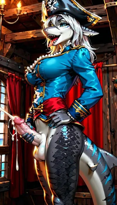 Side view, bottom view, in pirate ship, standing style, dungeon and dragons, dlss, RTX, masturbating solo, silver hair, ((anthro shark, futanari anthro female shark, captain pirate uniform, black scales, bright blue neon tiger stripes)), futa hold by the camera, Mouth open, tongue out, cum, orgasm, huge cum load, <lora:189654_training_data:.8>, <lora:early621-000002:1.2>