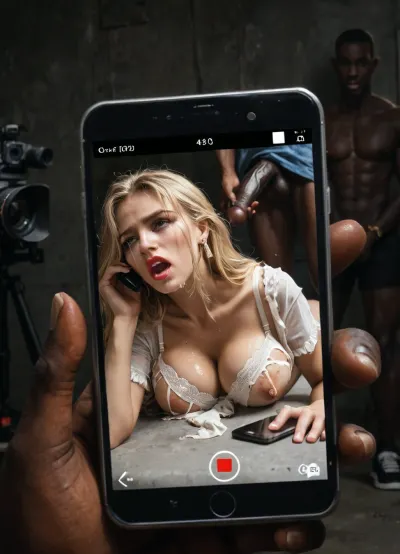 soft lighting, soft shadows, woman, 20 yo, blonde long hair, athletic, large saggy breasts, lipstick, light make-up, torn see-through blouse, torn sheer bra, bra pulled down to expose one breast, cream garter belt, black thigh high stockings, pain, crying, agony, lying with knees up and legs spread, (((looking at cameras))), many cameras, ((fucking a large bbc, big black penis)), in a dark dimly lit dungeon in Africa, many used condoms on the floor, ((videoing)), filming, movie, camera lens, camera view, film, (full body view), 3/4 view, torn blouse, torn clothes, trash everywhere, 2 men, (((filming on phone))), gangbang, interracial, african men, 4ng3l, face, <lora:SDXL_BetterFaces-LoRA_v1:.5>