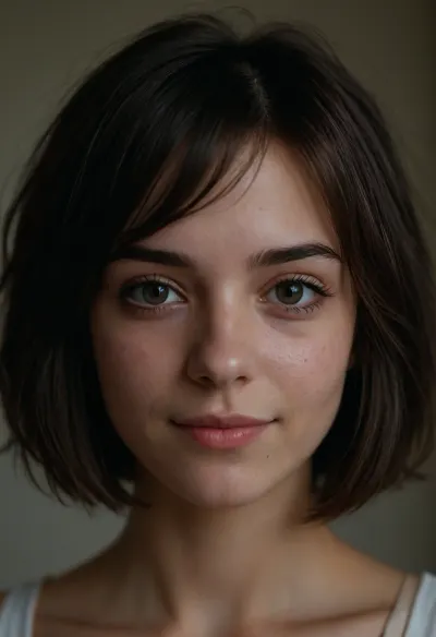 portrait of a beautiful girl, 18 yo, instagram model, sexy, thin, French, messy Bob haircut, (Dark hair), perfect clear eyes, (matte skin details), innocent, (shy smile), masterpiece, hyperrealistic photo, best quality, detailed, skin, blemish, <lora:add-detail-xl:2>, skin spots, (makeup)